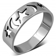 Moon & Stars Silver Band Ring, rp632